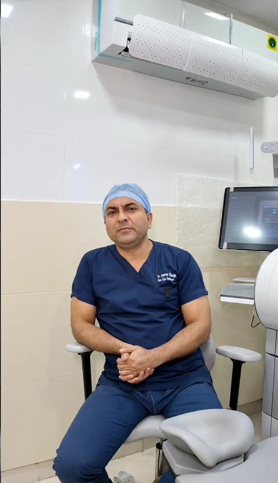 Dr. Gourav Mangla seated beside ophthalmic examination equipment