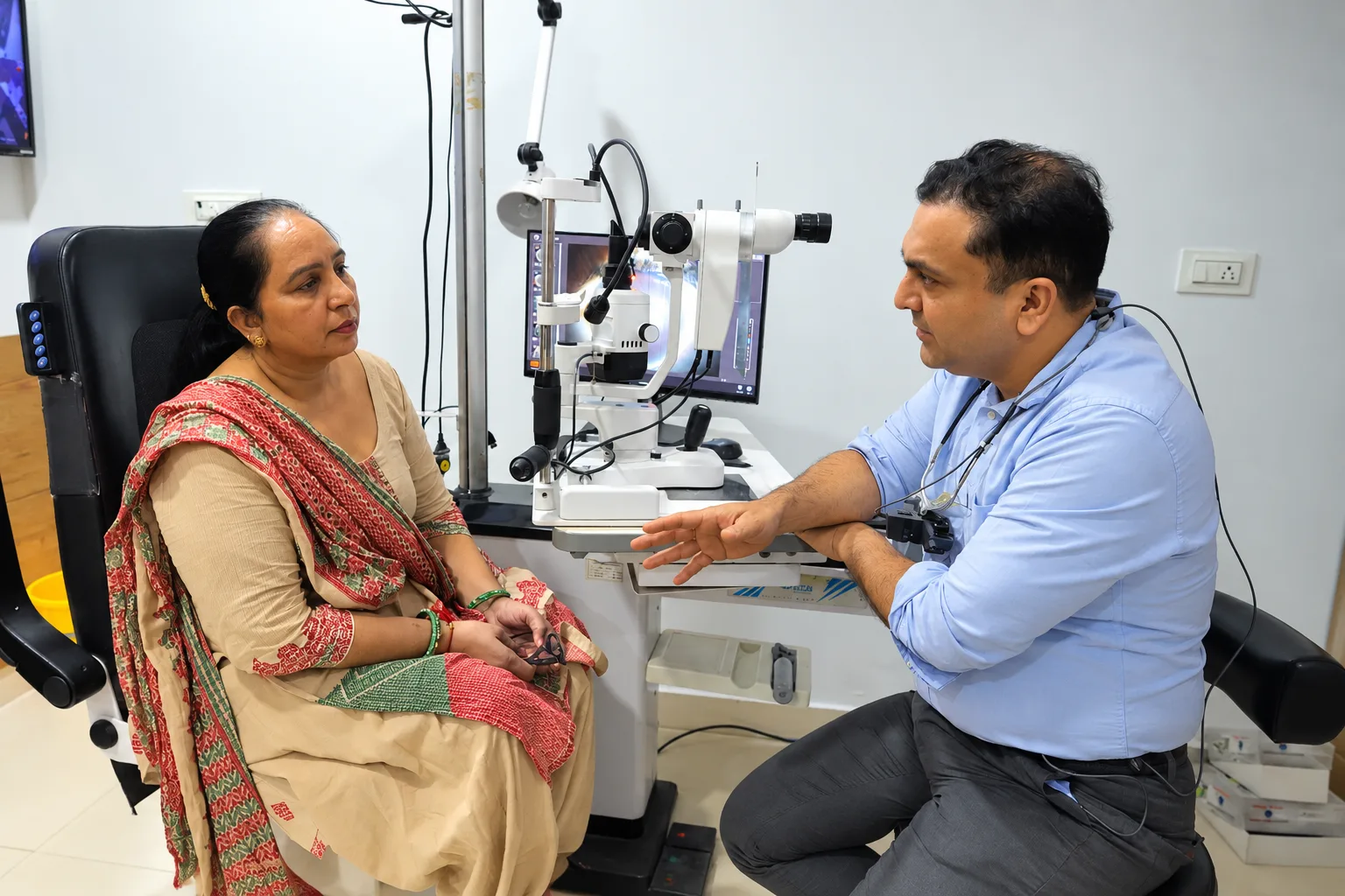 Eye specialist discussing a patient’s eye examination in clinic