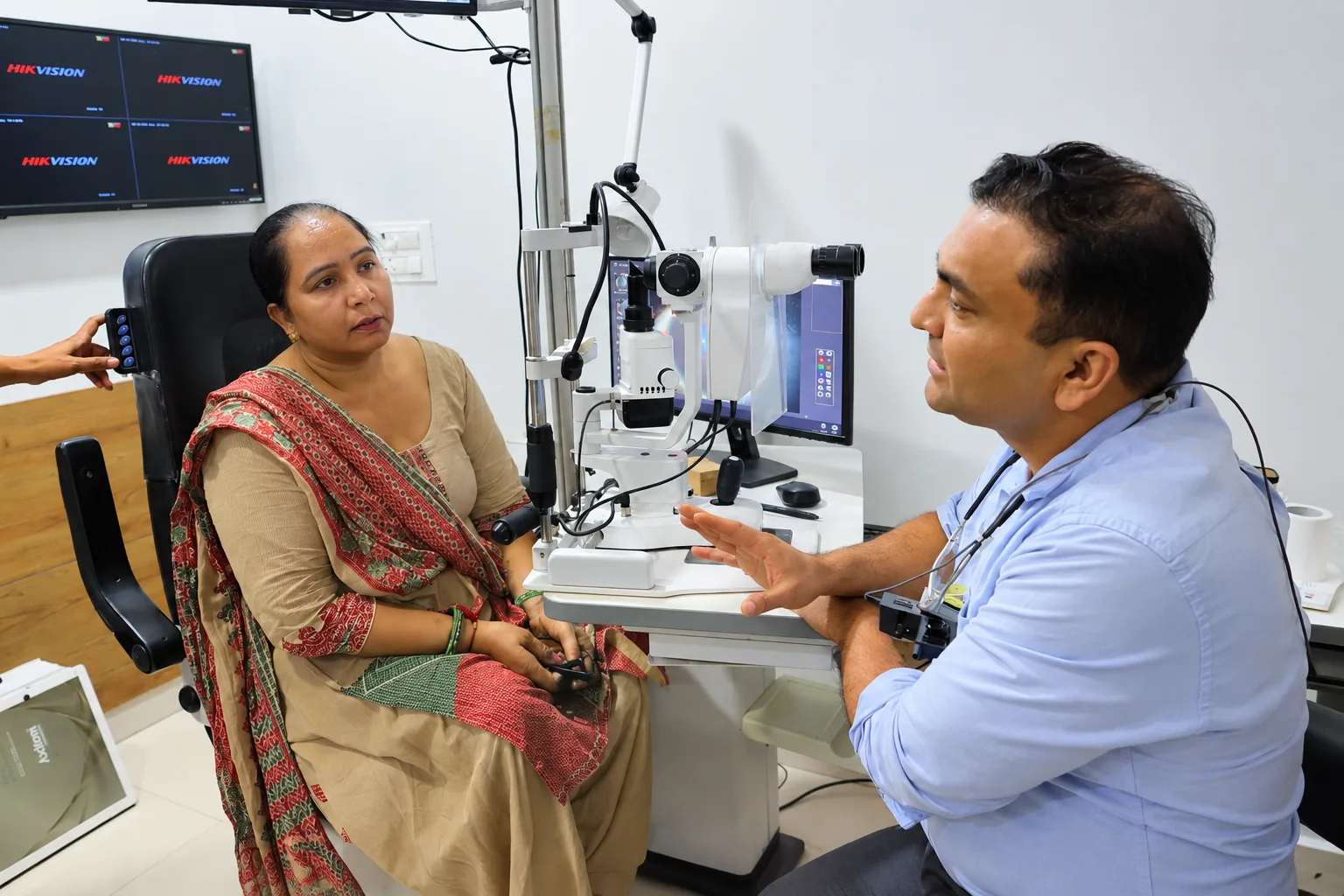 Ophthalmologist examining a patient at slit-lamp equipment