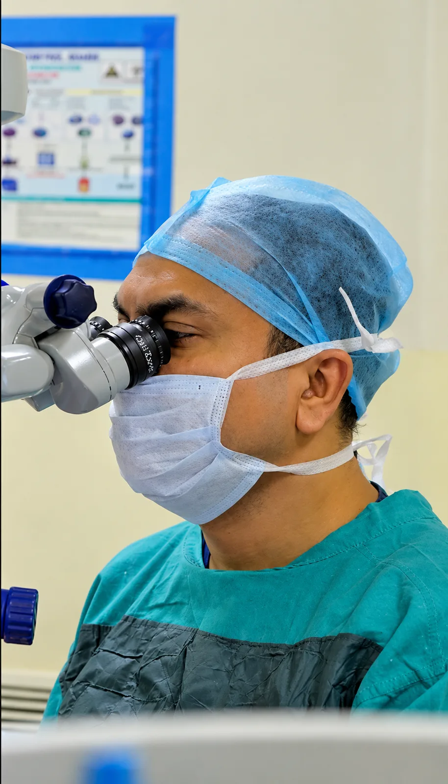 Eye surgeon looking through an operating microscope